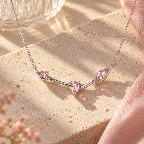 wholleso® Amelie Blush Trio Necklace, hero view showing pink cubic zirconia and blush crystal glass and rhodium-plated 925 sterling silver
