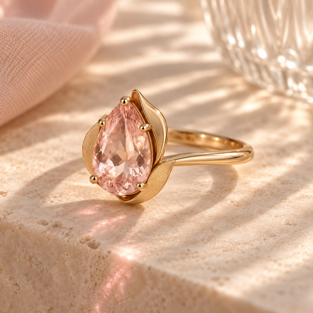 wholleso® Aveline Petal Cradle Ring, angle view showing blush-pink crystal glass and champagne gold-plated 925 sterling silver
