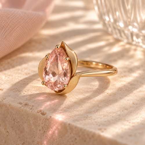 wholleso® Aveline Petal Cradle Ring, angle view showing blush-pink crystal glass and champagne gold-plated 925 sterling silver