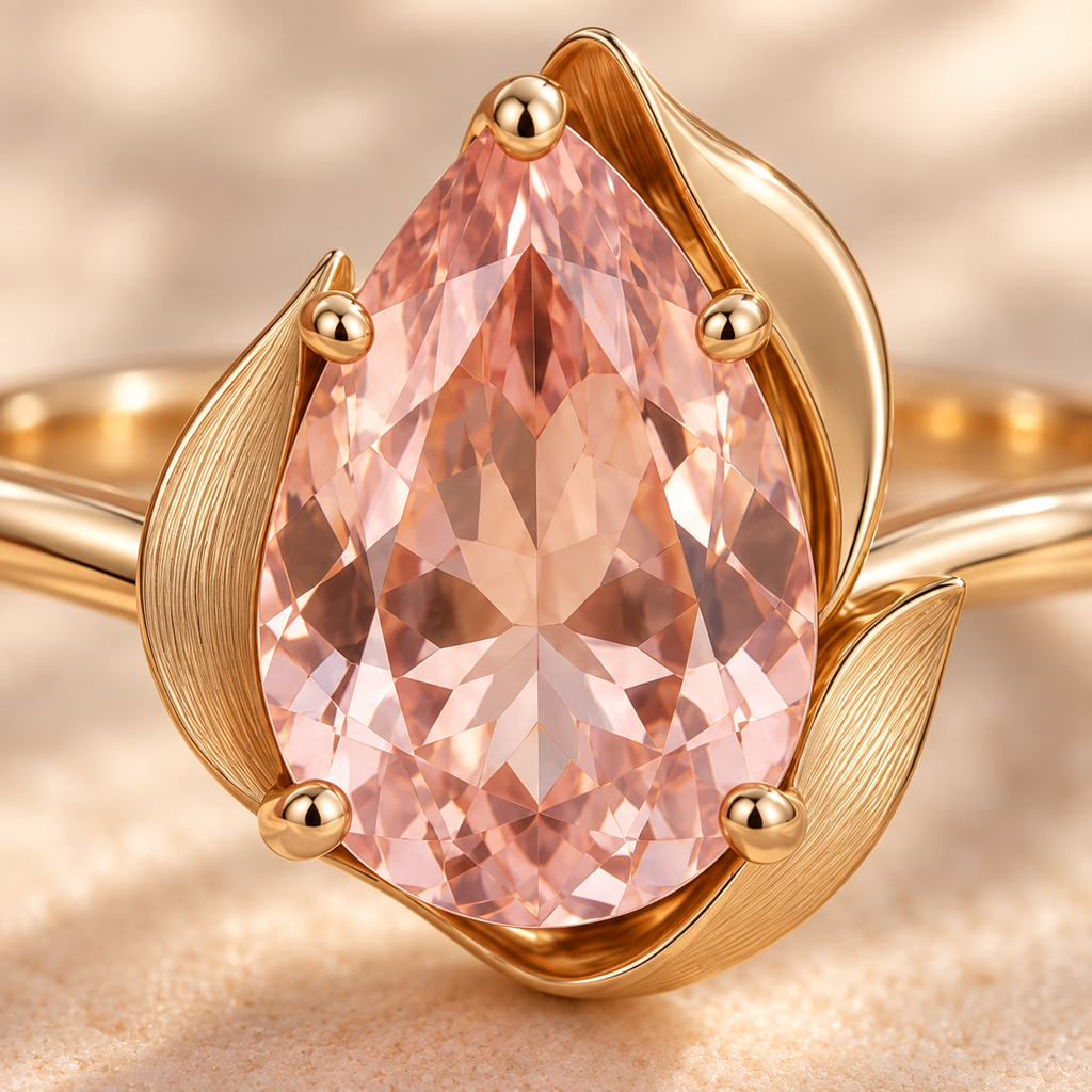 wholleso® Aveline Petal Cradle Ring, detail view showing blush-pink crystal glass and champagne gold-plated 925 sterling silver