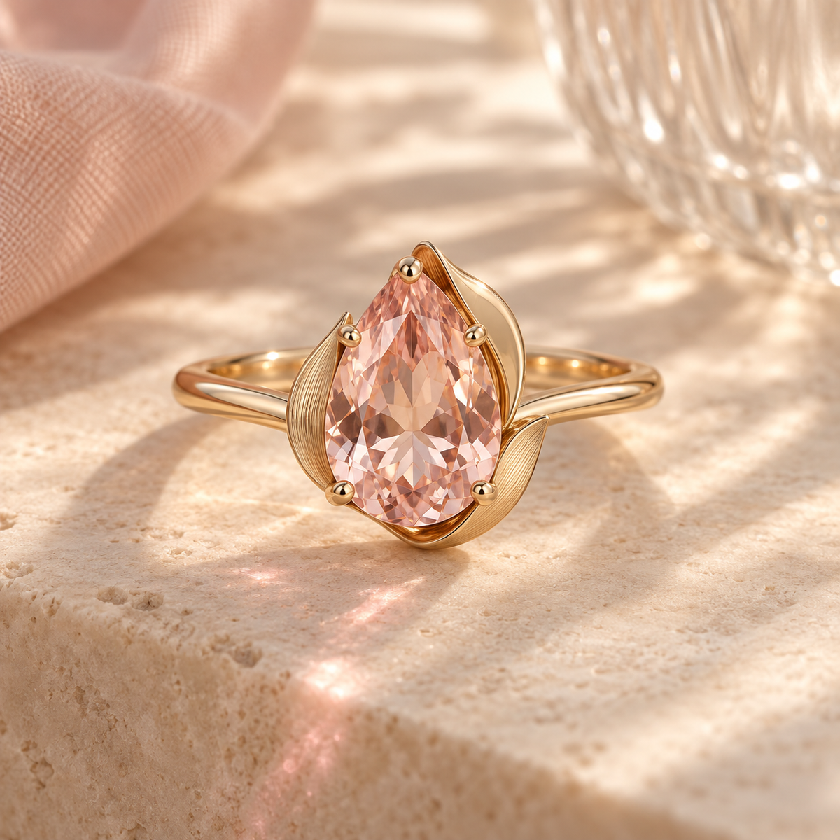 wholleso® Aveline Petal Cradle Ring, hero view showing blush-pink crystal glass and champagne gold-plated 925 sterling silver