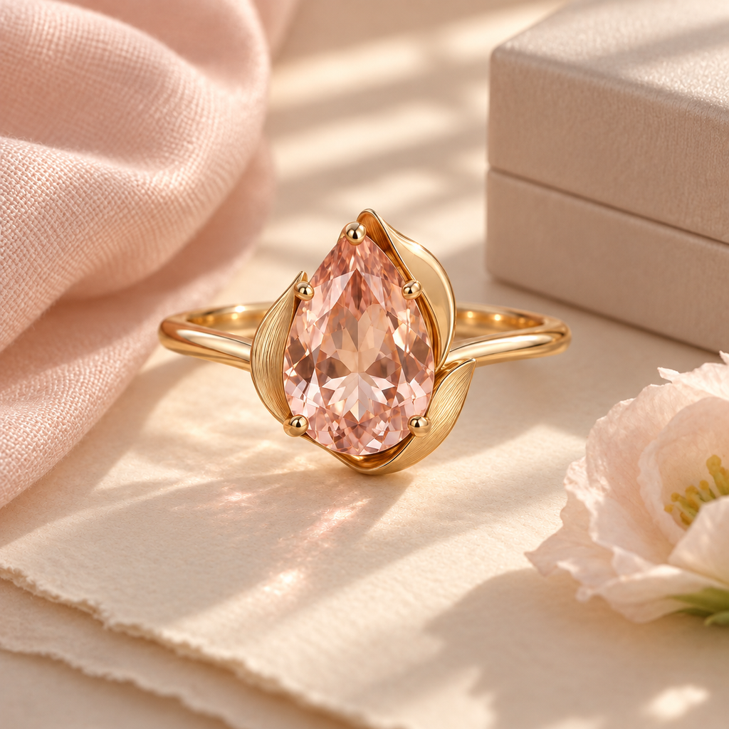wholleso® Aveline Petal Cradle Ring, lifestyle view showing blush-pink crystal glass and champagne gold-plated 925 sterling silver