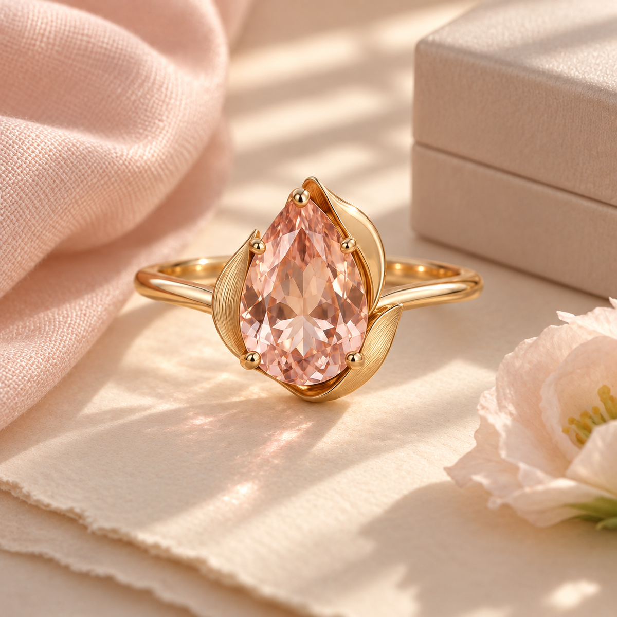 wholleso® Aveline Petal Cradle Ring, lifestyle view showing blush-pink crystal glass and champagne gold-plated 925 sterling silver