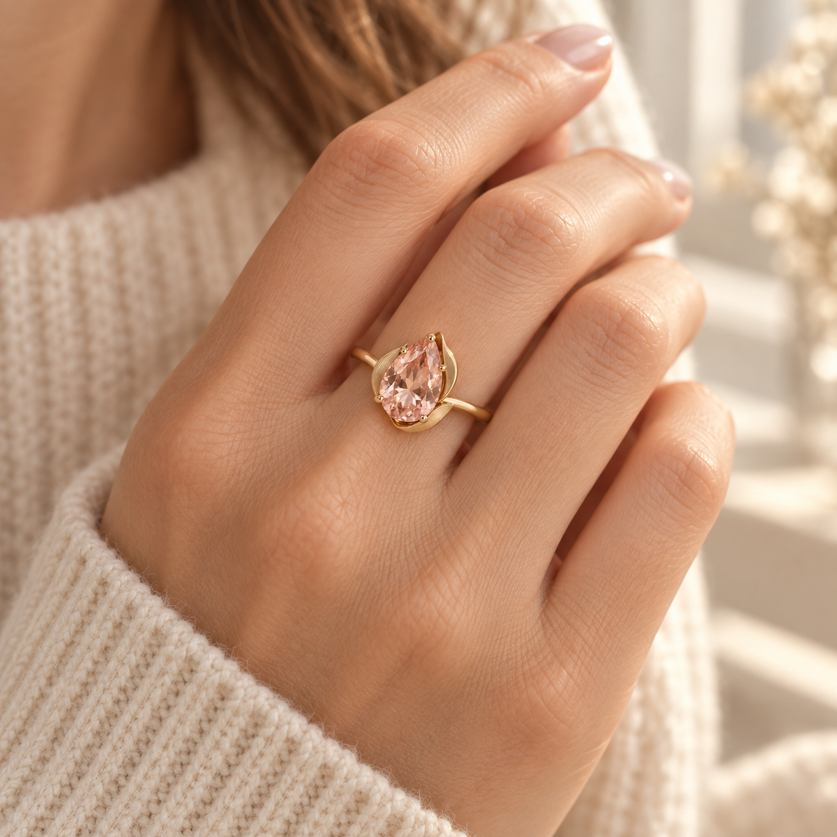 wholleso® Aveline Petal Cradle Ring, worn view showing blush-pink crystal glass and champagne gold-plated 925 sterling silver