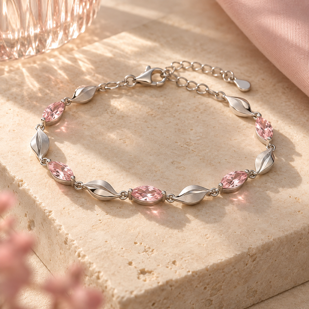 wholleso® Celene Petal Link Bracelet, hero view showing pale-pink crystal glass and rhodium-plated 925 sterling silver