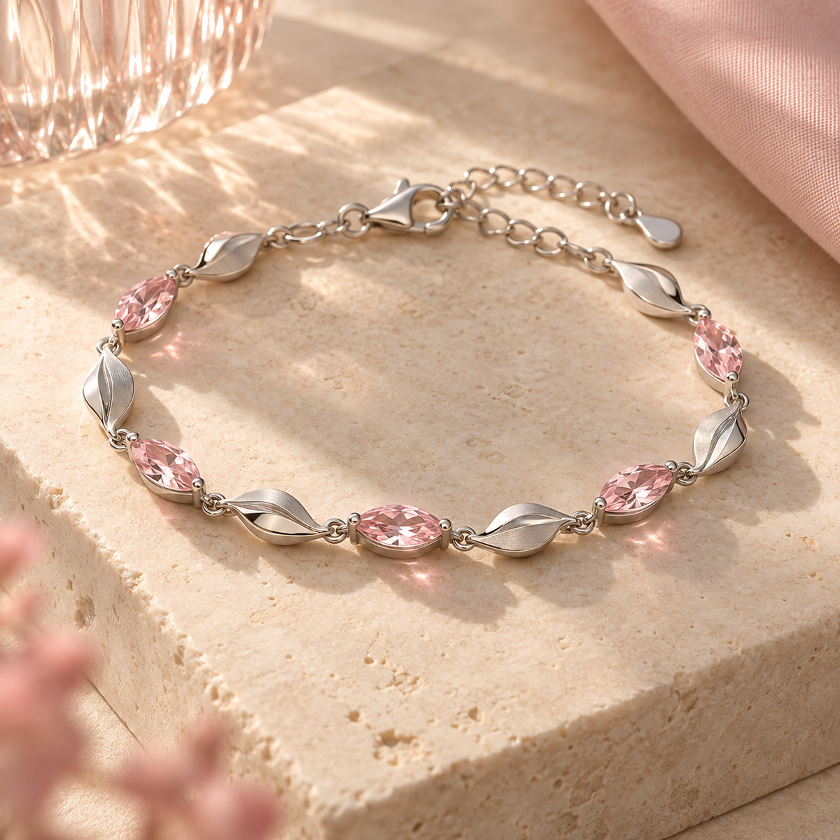 wholleso® Celene Petal Link Bracelet, hero view showing pale-pink crystal glass and rhodium-plated 925 sterling silver
