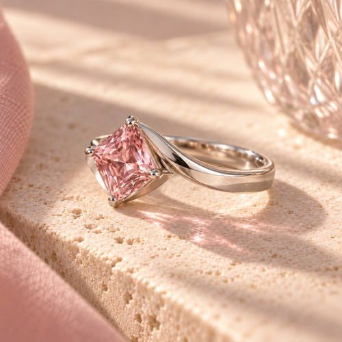 wholleso® Elodie Folded Ribbon Ring, angle view showing dusty-pink cubic zirconia and rhodium-plated 925 sterling silver