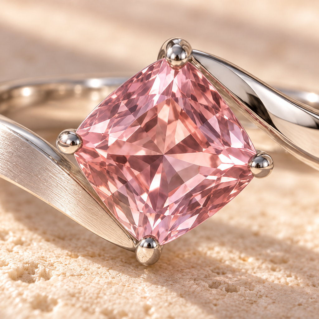 wholleso® Elodie Folded Ribbon Ring, detail view showing dusty-pink cubic zirconia and rhodium-plated 925 sterling silver