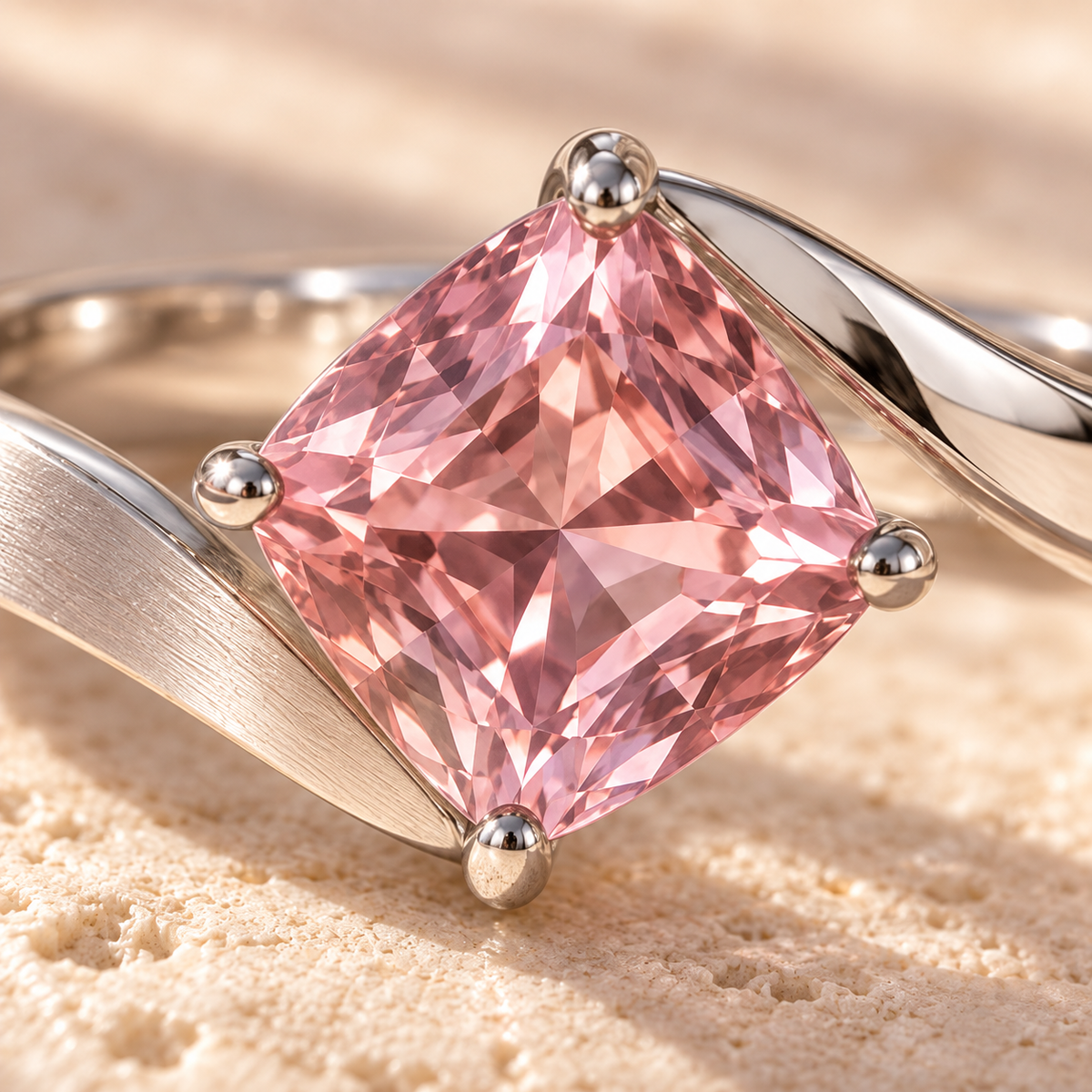 wholleso® Elodie Folded Ribbon Ring, detail view showing dusty-pink cubic zirconia and rhodium-plated 925 sterling silver