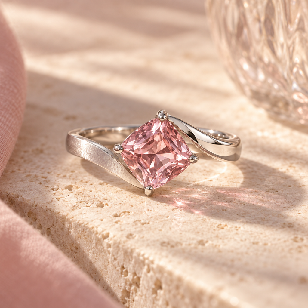 wholleso® Elodie Folded Ribbon Ring, hero view showing dusty-pink cubic zirconia and rhodium-plated 925 sterling silver