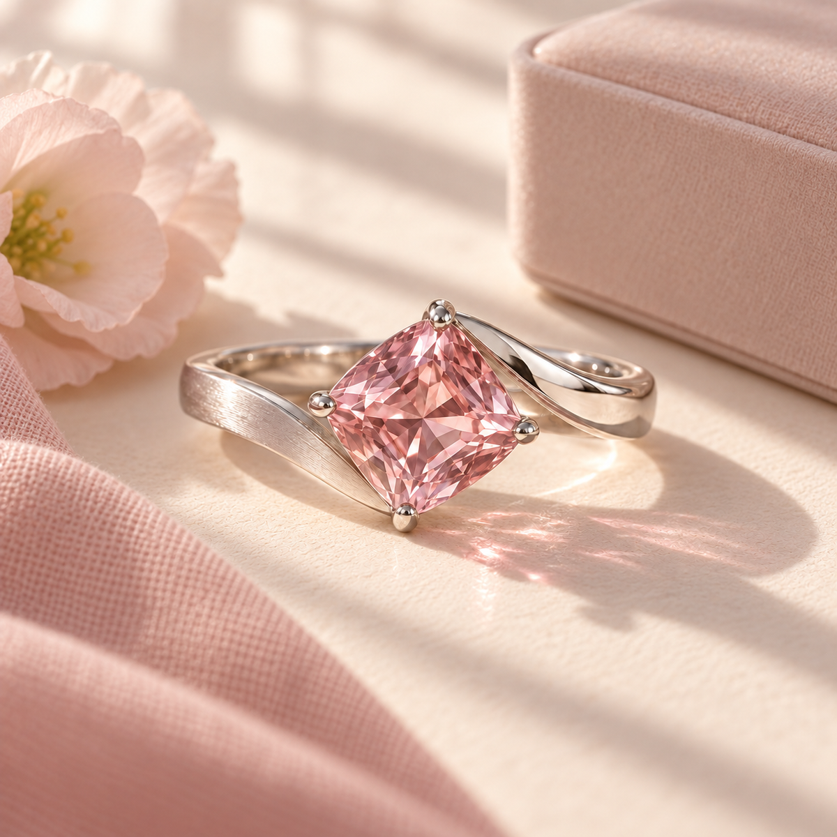 wholleso® Elodie Folded Ribbon Ring, lifestyle view showing dusty-pink cubic zirconia and rhodium-plated 925 sterling silver