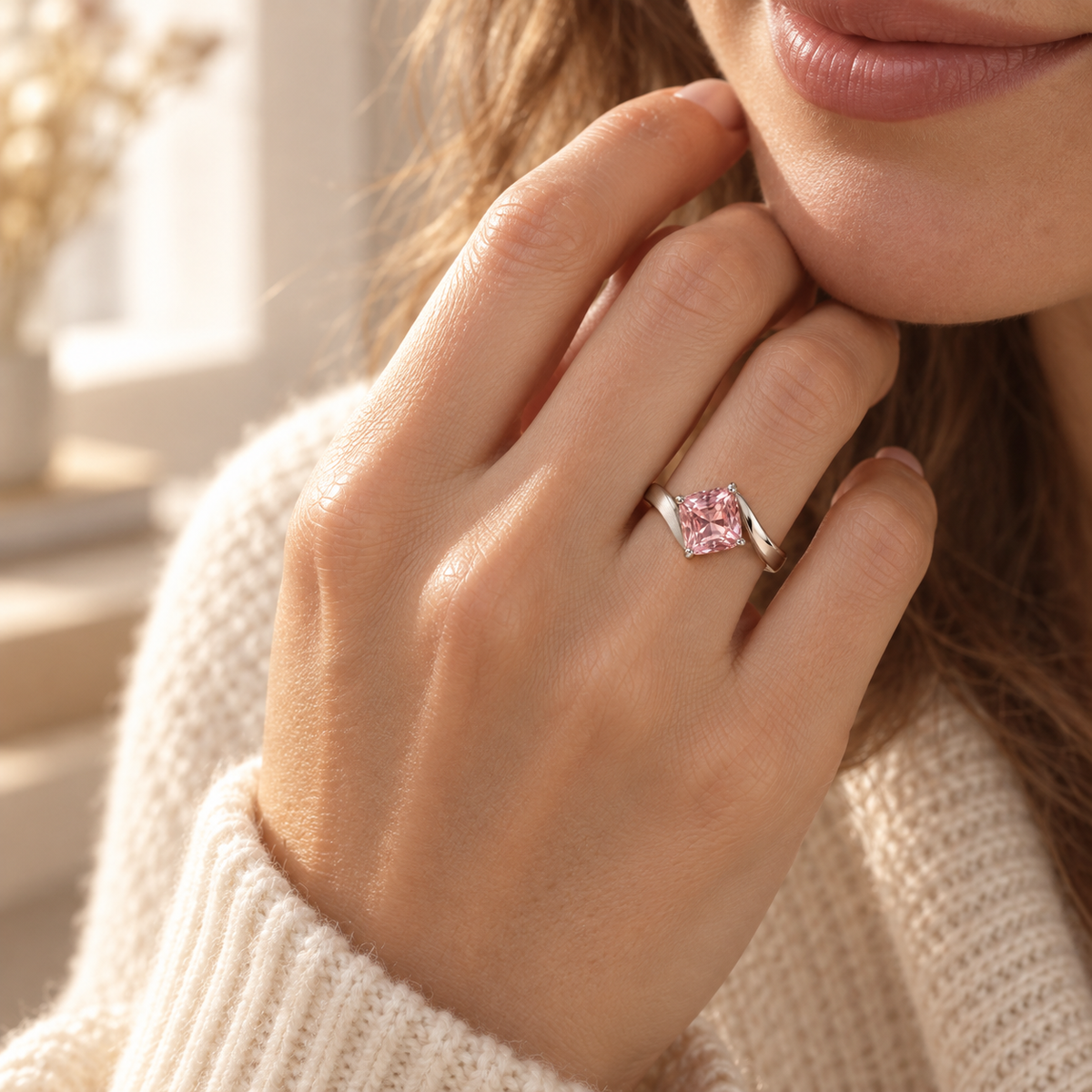 wholleso® Elodie Folded Ribbon Ring, worn view showing dusty-pink cubic zirconia and rhodium-plated 925 sterling silver