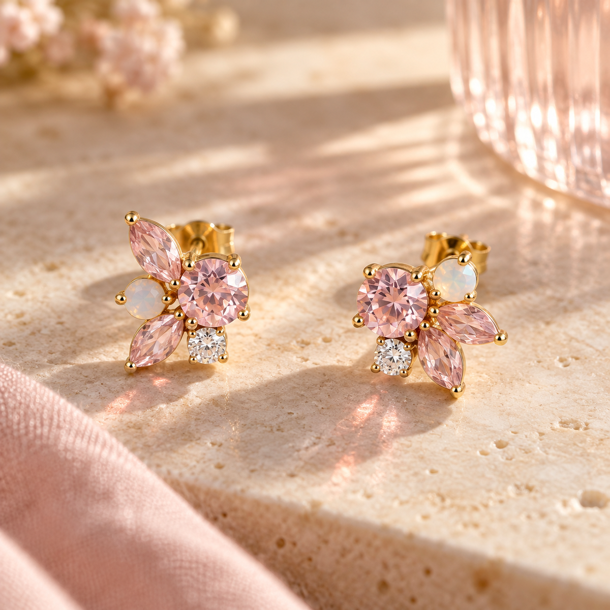 wholleso® Mira Petal Cluster Stud Earrings, hero view showing pink crystal glass, clear cubic zirconia and opalescent glass and light gold-plated 925 sterling silver
