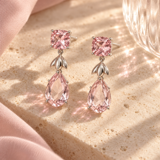 wholleso® Neria Duet Statement Earrings, hero view showing pink cubic zirconia and pale-pink crystal glass and rhodium-plated 925 sterling silver