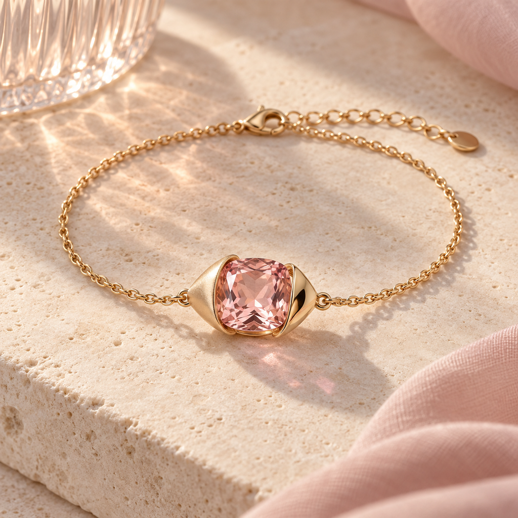 wholleso® Roselle Fold Bracelet, hero view showing blush crystal glass and champagne gold-plated 925 sterling silver