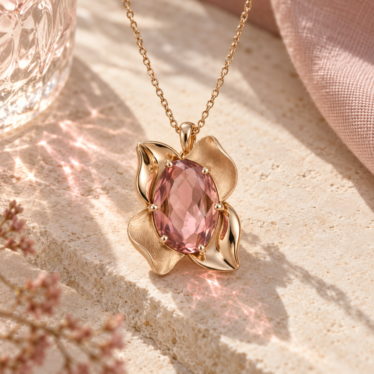 wholleso® Sera Sculpted Bloom Pendant, hero view showing dusty-rose decorative glass and champagne gold-plated 925 sterling silver