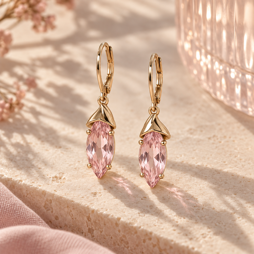 wholleso® Seren Ribbon Drop Earrings, hero view showing pale-pink crystal glass and champagne gold-plated 925 sterling silver