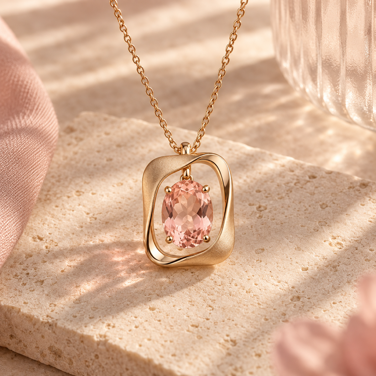 wholleso® Vela Curved Frame Necklace, hero view showing rose-toned crystal glass and champagne gold-plated 925 sterling silver